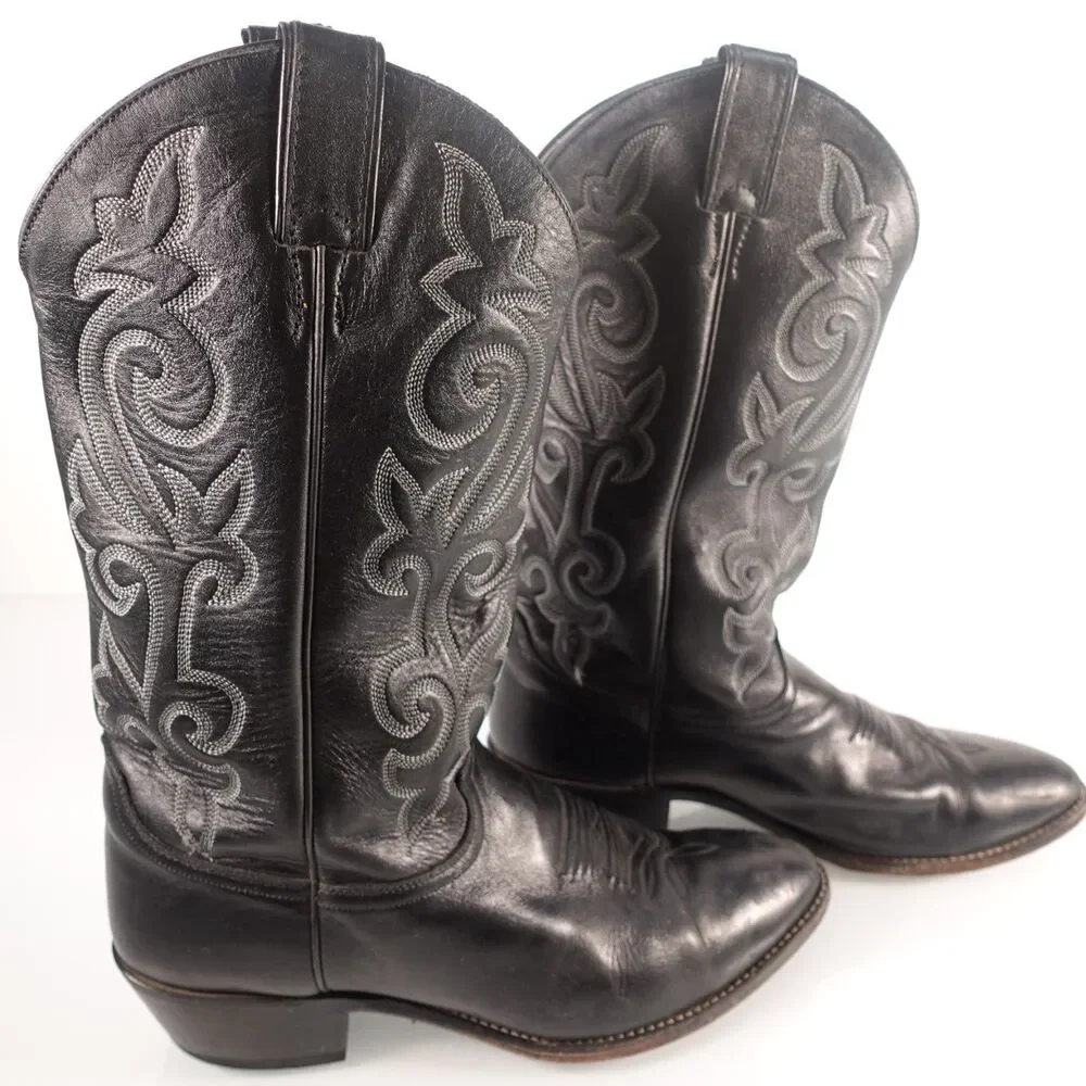 Justin Black Leather Cowboy Boots Western Mens Size 9 EEE Embroidered Style 1409
